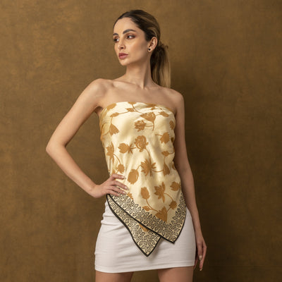 Off White and Golden Brown Women's Royal Silk Scarf - HeritageModa