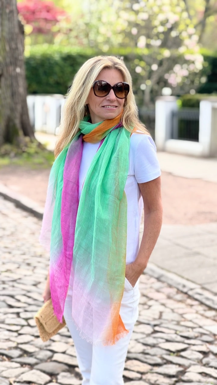 Mehrfarbiger Leinen-Schal in Grün, Orange, Rosa und Batik – Handgefertigtes Sommer-Accessoire