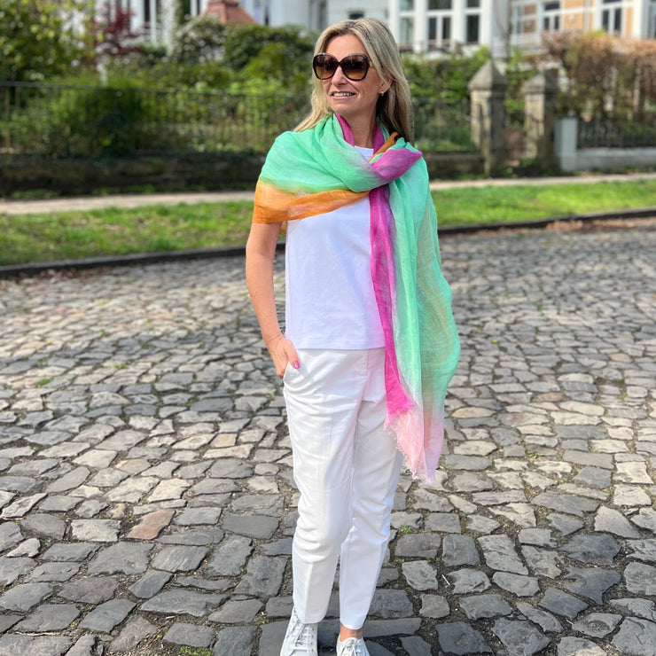 Mehrfarbiger Leinen-Schal in Grün, Orange, Rosa und Batik – Handgefertigtes Sommer-Accessoire