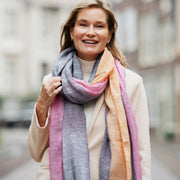 Handmade Dusty Blue Linen Scarf With Pink & Orange Border