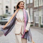 Handmade Dusty Blue Linen Scarf With Pink & Orange Border