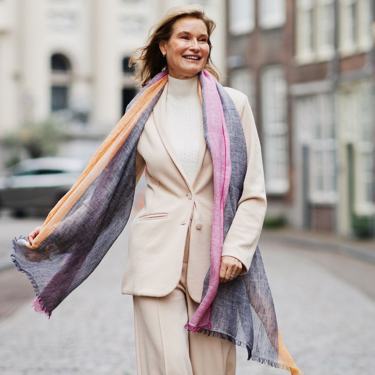 Handmade Dusty Blue Linen Scarf With Pink & Orange Border