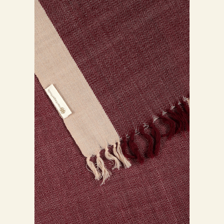 Handwoven Wool Scarf – Deep Burgundy Herringbone with Sand Border