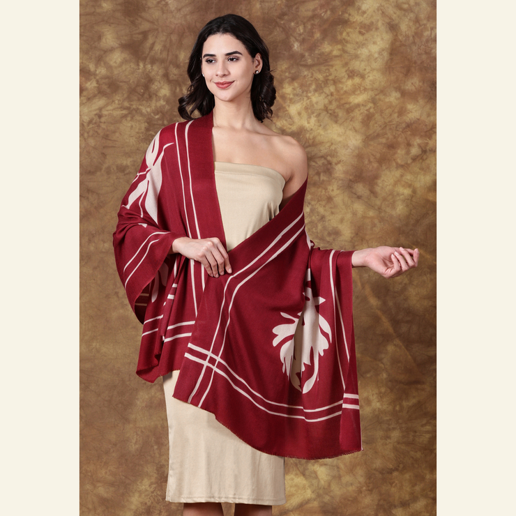 Hand-Painted Wool-Silk Scarf – Deep Burgundy with Soft Nude Floral Accents