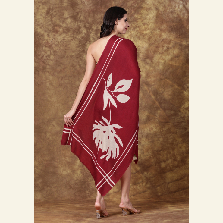 Hand-Painted Wool-Silk Scarf – Deep Burgundy with Soft Nude Floral Accents