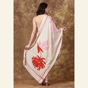 Luxury Wool-Silk Scarf – Hand-Painted Ivory with Red & Pink Floral Design