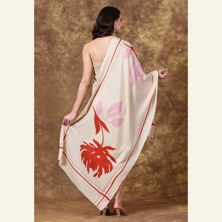 Luxury Wool-Silk Scarf – Hand-Painted Ivory with Red & Pink Floral Design