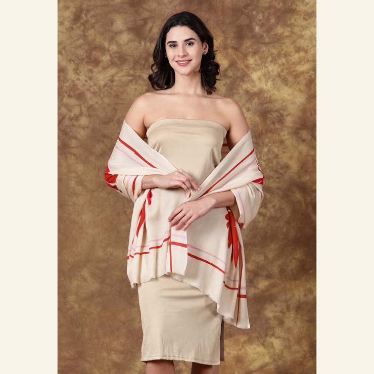 Luxury Wool-Silk Scarf – Hand-Painted Ivory with Red & Pink Floral Design
