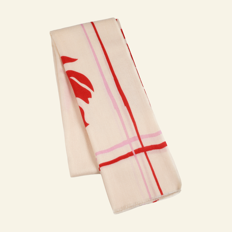 Luxury Wool-Silk Scarf – Hand-Painted Ivory with Red & Pink Floral Design