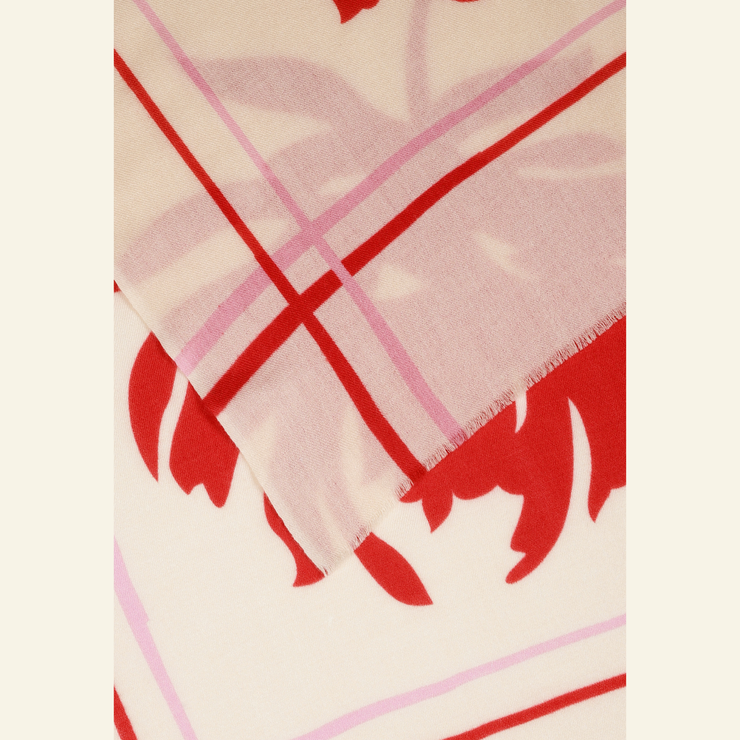 Luxury Wool-Silk Scarf – Hand-Painted Ivory with Red & Pink Floral Design