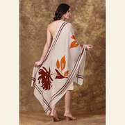 Luxury Wool-Silk Scarf – Hand-Painted Sand with Rust & Amber Floral Accents