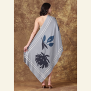 Luxury Wool-Silk Scarf – Hand-Painted Silver Grey with Deep Blue & Charcoal Floral Design