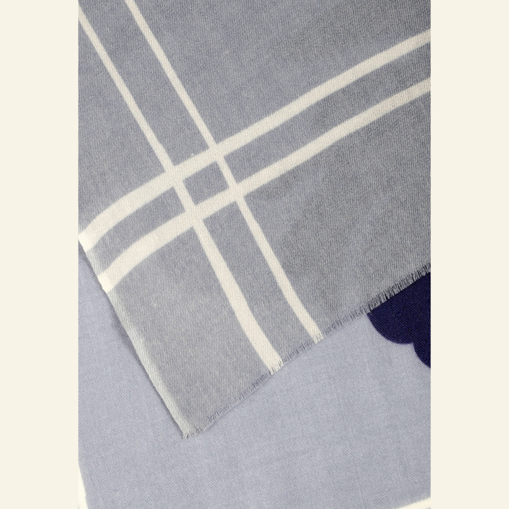 Luxury Wool-Silk Scarf – Hand-Painted Silver Grey with Deep Blue & Charcoal Floral Design