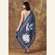 Luxury Wool-Silk Scarf – Hand-Painted Midnight Blue with Pastel Floral Print
