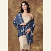 Luxury Wool-Silk Scarf – Hand-Painted Midnight Blue with Pastel Floral Print
