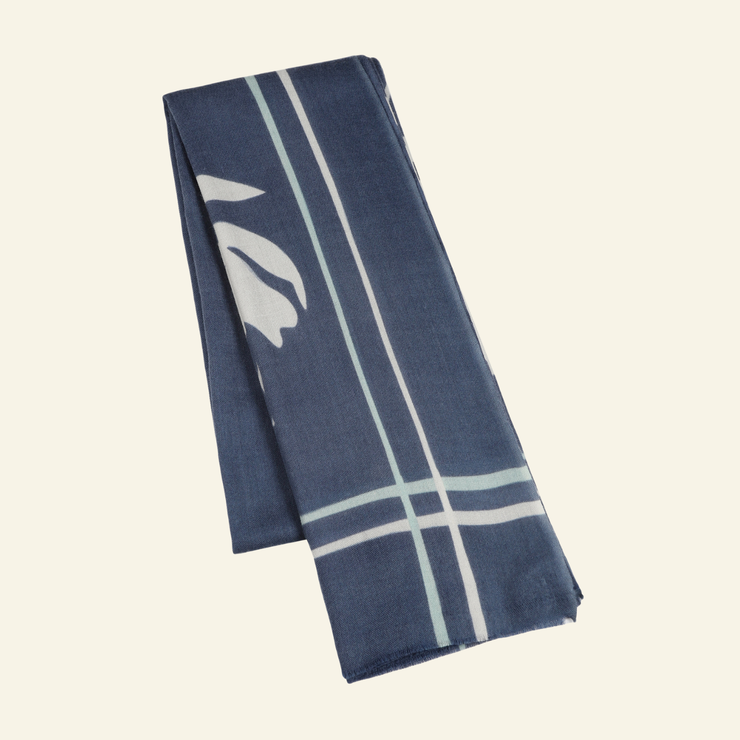Luxury Wool-Silk Scarf – Hand-Painted Midnight Blue with Pastel Floral Print