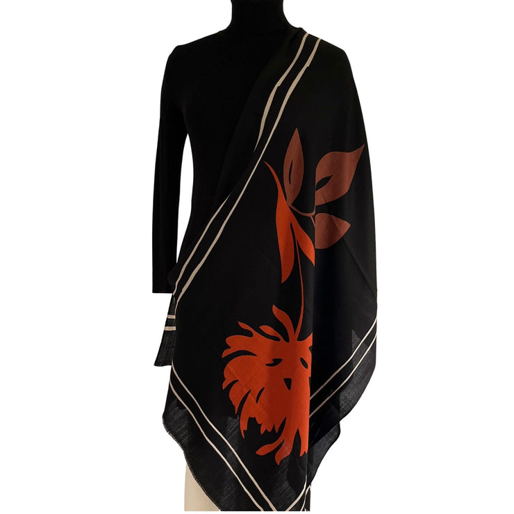 Hand-Painted Black Rust Floral Wool-Silk Scarf