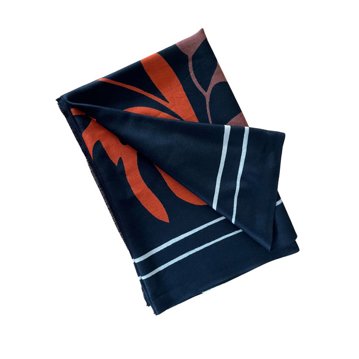 Hand-Painted Black Rust Floral Wool-Silk Scarf