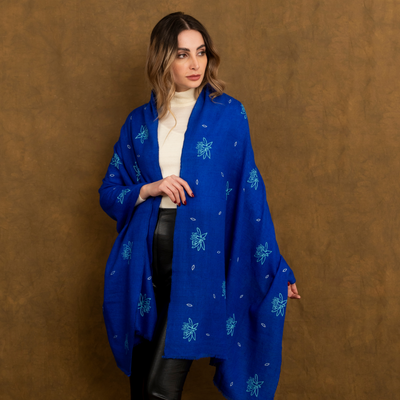 Royal Blue Cashmere Scarf With Hand Embroidery - HeritageModa