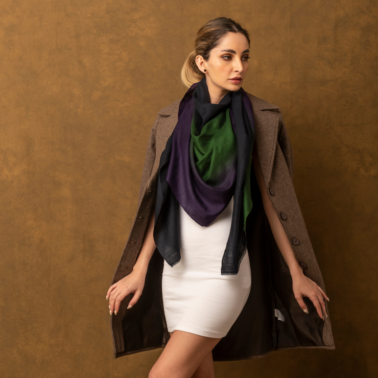 Peacock Blue and Green Ombré Cashmere Scarf - HeritageModa